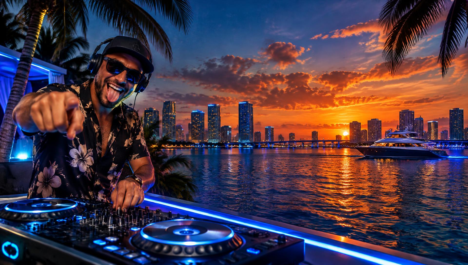 GOVIRALBEATS DJ pointing at the camera with Miami skyline at sunset